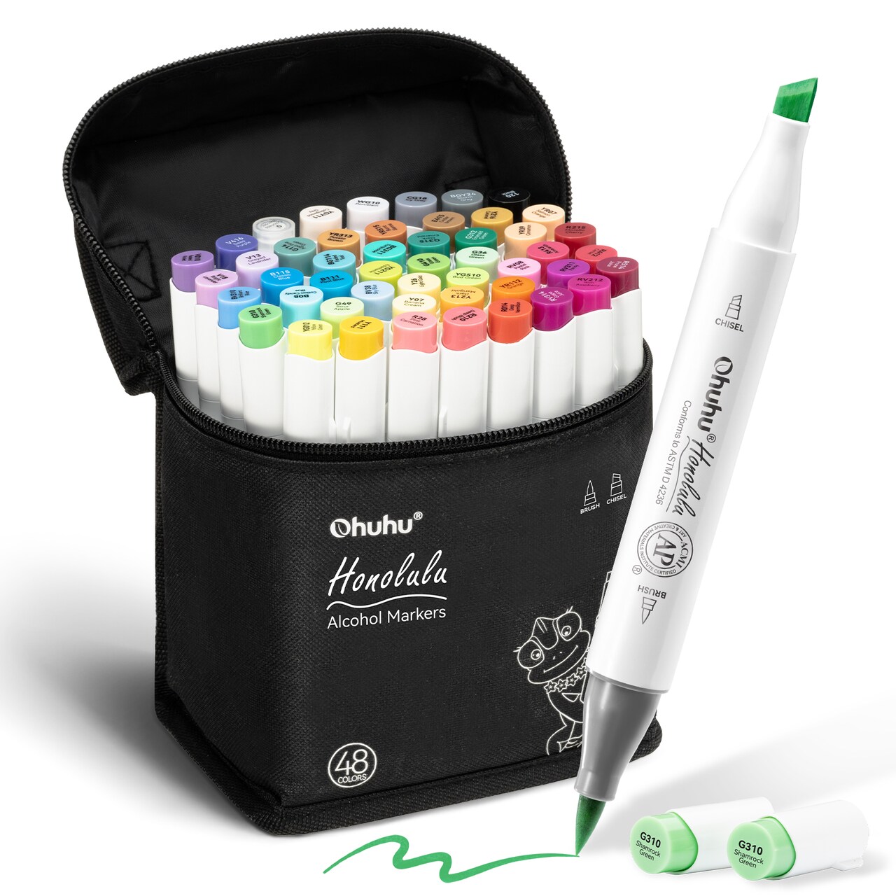 Ohuhu Alcohol Markers Brush Tip: 48-Color Double Tipped Art Marker Set for Artist Adults Coloring Illustrations -Honolulu -Brush & Chisel -Refillable